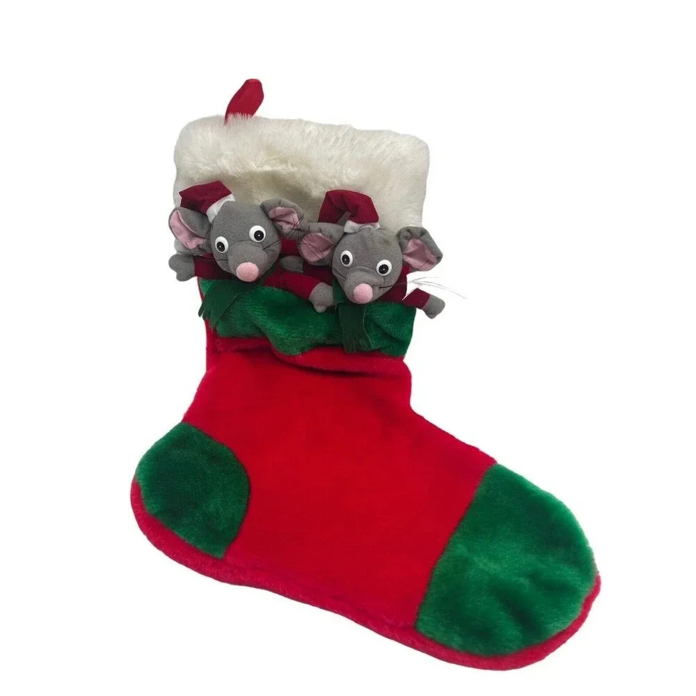 Vintage 80s 90s Plush Twin Mice Christmas Stocking Mouse Holiday